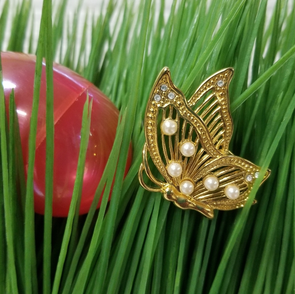 Vintage Butterfly Brooch With Faux Pearls